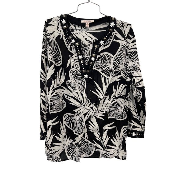 JM Collection Tunic Top Size 16 Embellished V Neck Black White Tropical Print - Picture 1 of 6